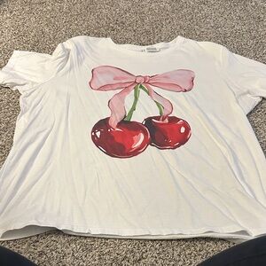 Bella Canvas White Tee with Cherry and Pink Bow Design